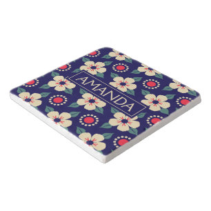 Personalized Navy Blue Vintage Floral Trivet