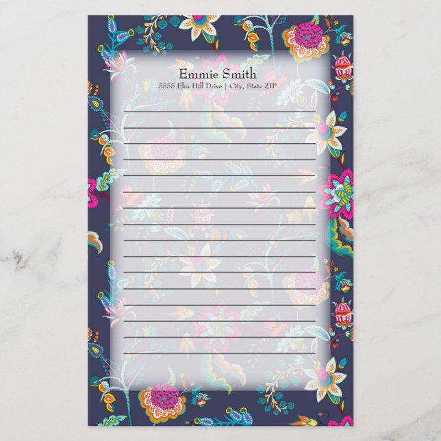 Personalized Navy Blue w/ Purple and Gold Floral Stationery (Front)