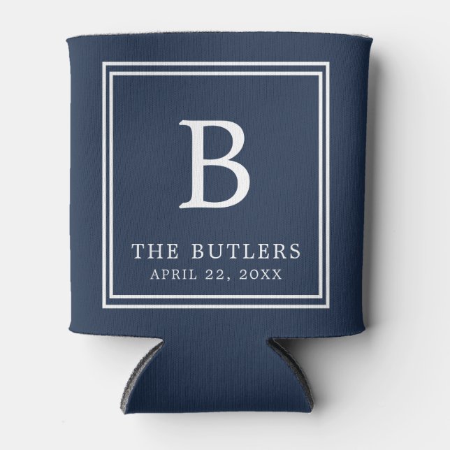 Personalized Navy Blue Wedding Can Cooler (Front)