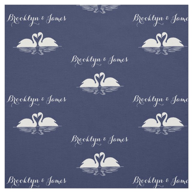 Personalized Navy Blue Wedding Fabric With Swans (Swatch)