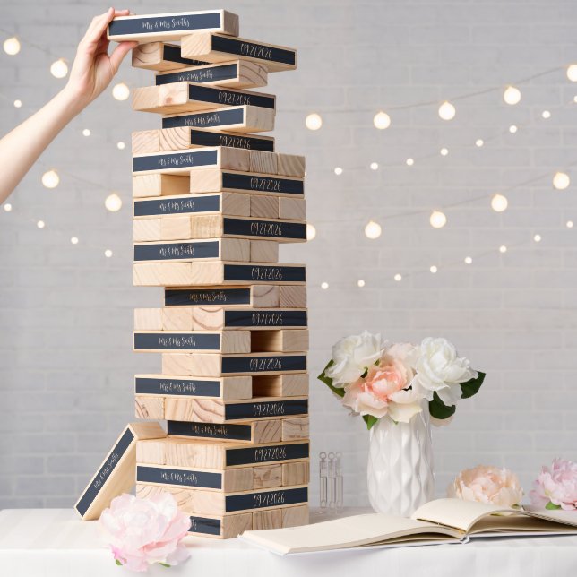 Personalized Navy Blue Wedding Game Topple Tower (Wedding)