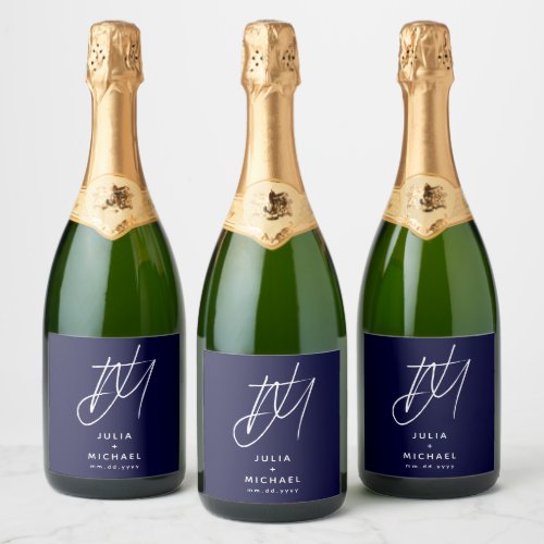 Personalized Navy Blue Wedding Monogram Sparkling Wine Label