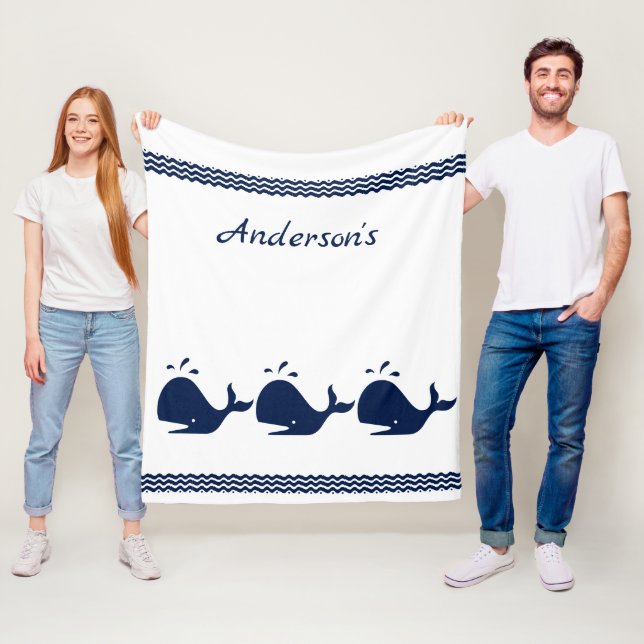 Personalized Navy Blue Whale Kids Fleece Blanket (In Situ)