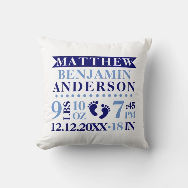 Personalized Navy Blue White BABY Boy Nursery Throw Pillow (Front)