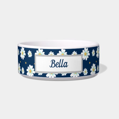 Personalized Navy Blue  White Floral Dog Bowl