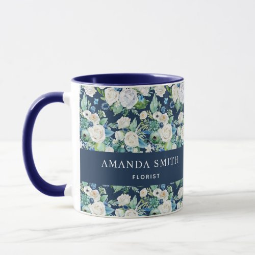 Personalized Navy Blue  White Floral Florist Mug