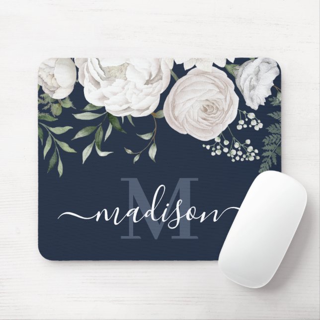 Personalized Navy Blue White Floral Name Monogram Mouse Pad (With Mouse)