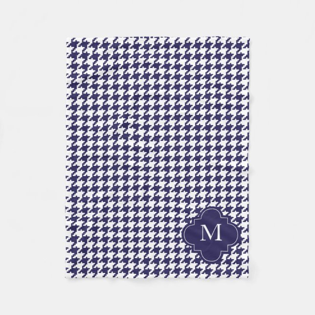 Personalized Navy Blue & White Houndstooth Pattern Fleece Blanket (Front)