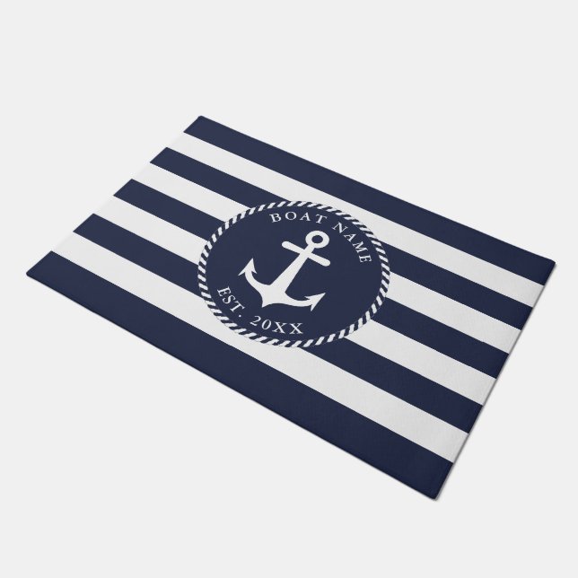 Personalized Navy Blue White Nautical Anchor Doormat (Angled)