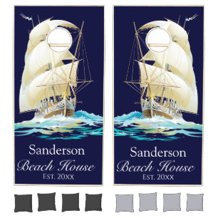 Personalized Navy Blue White Prirate Ship Cornhole Set