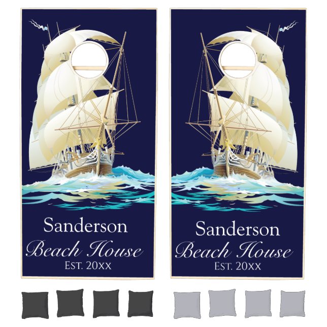 Personalized Navy Blue White Prirate Ship Cornhole Set (Set)