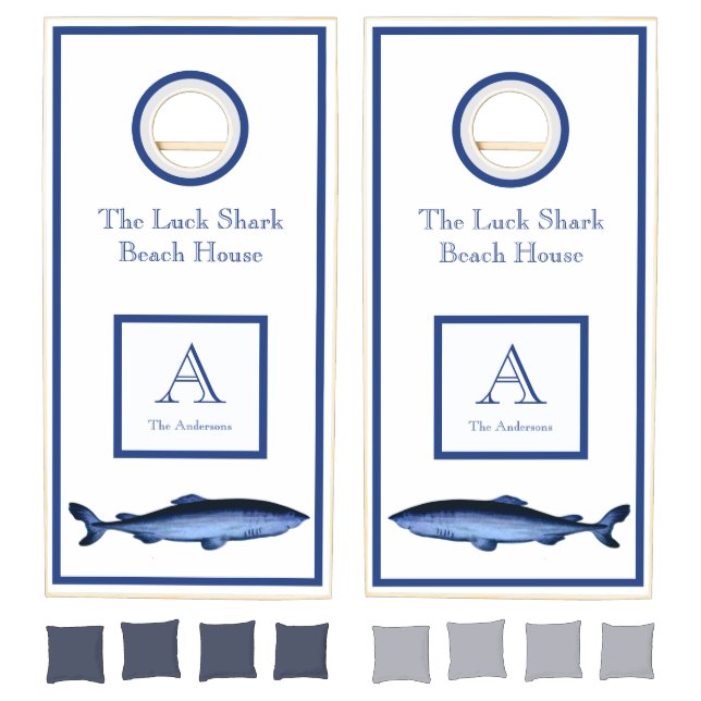 Personalized Navy Blue White Shark Coastal Cornhole Set (Set)