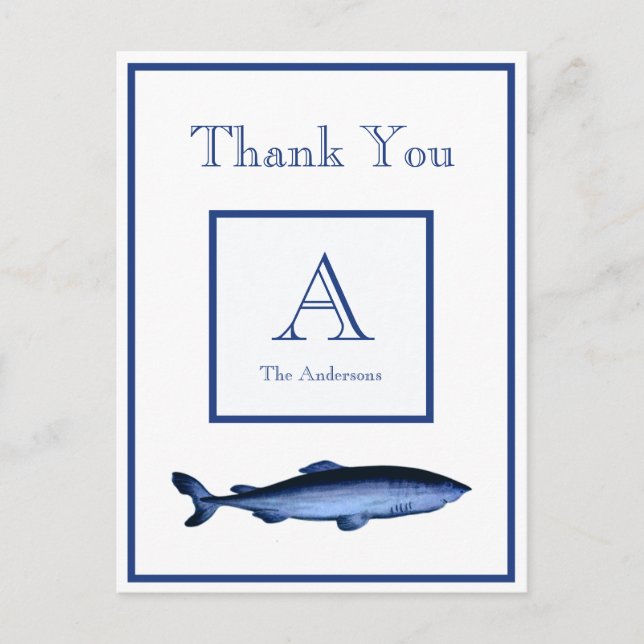 Personalized Navy Blue White Shark Coastal Postcard (Front)