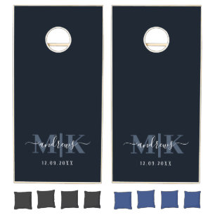 Personalized Navy Blue White Signature couple  Cornhole Set