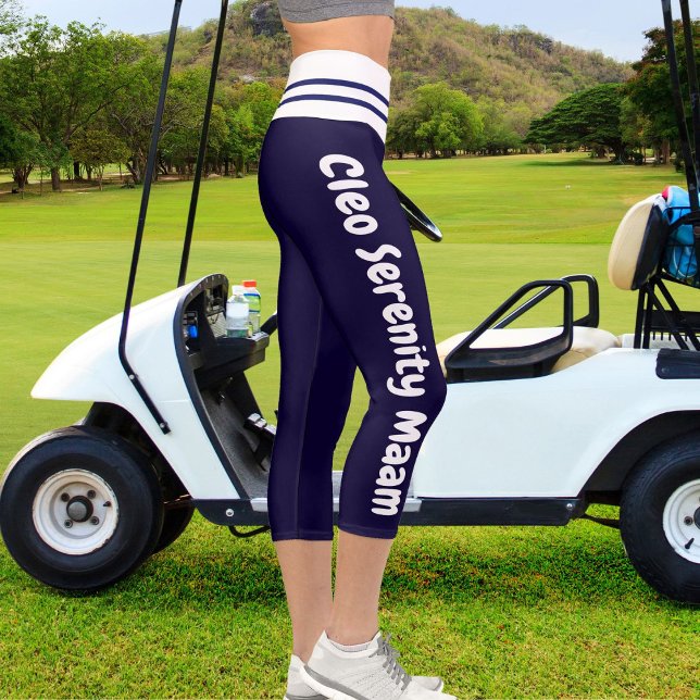 Personalized Navy Blue White Striped Pet Cat Name Capri Leggings (Creator Uploaded)