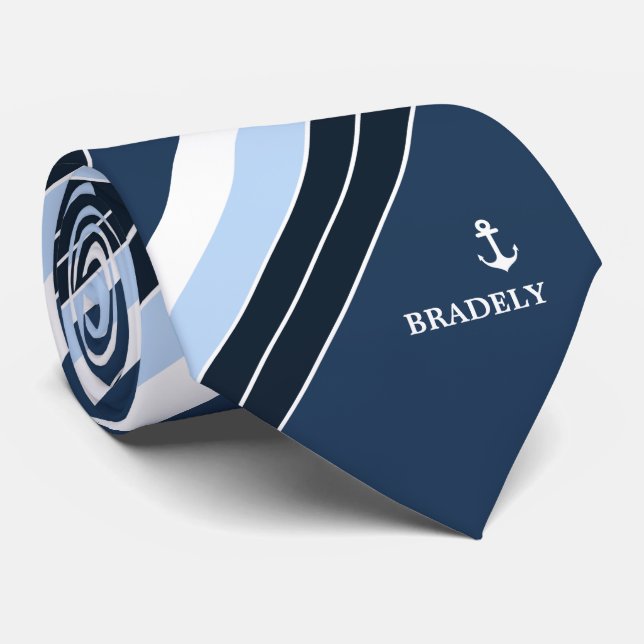 Personalized Navy Blue White Stripes Nautical Name Tie (Rolled)