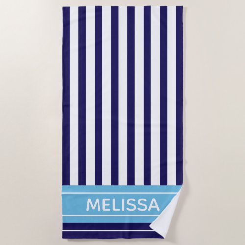 Personalized Navy Blue White Vertical Striped Beach Towel