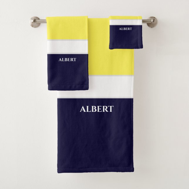 Personalized Navy Blue Yellow Bath Towel Set (Insitu)