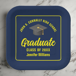 Personalized Navy Blue Yellow Graduation Party Paper Plates