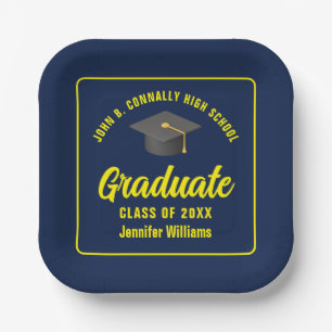 Personalized Navy Blue Yellow Graduation Party Paper Plates