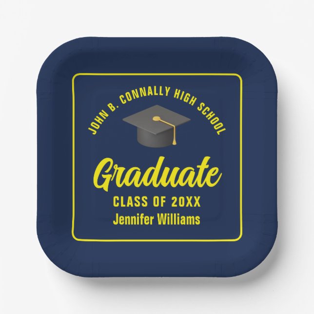 Personalized Navy Blue Yellow Graduation Party Paper Plates (Front)