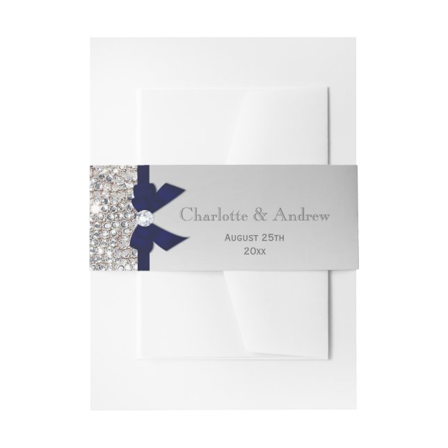 Personalized Navy Bow & Diamonds Wedding Invitation Belly Band (Front Example)
