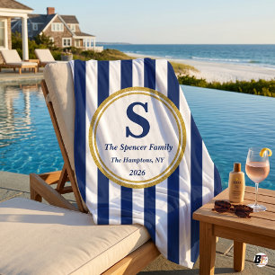 Personalized Navy Cabana Stripe Gold Monogram Fami Beach Towel