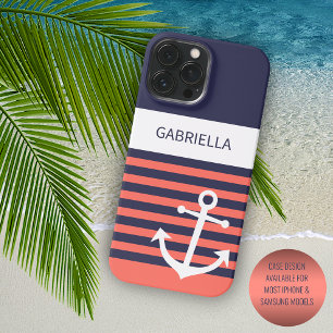 Personalized Navy Dark Blue White Orange Stripes Case-Mate iPhone 14 Pro Max Case
