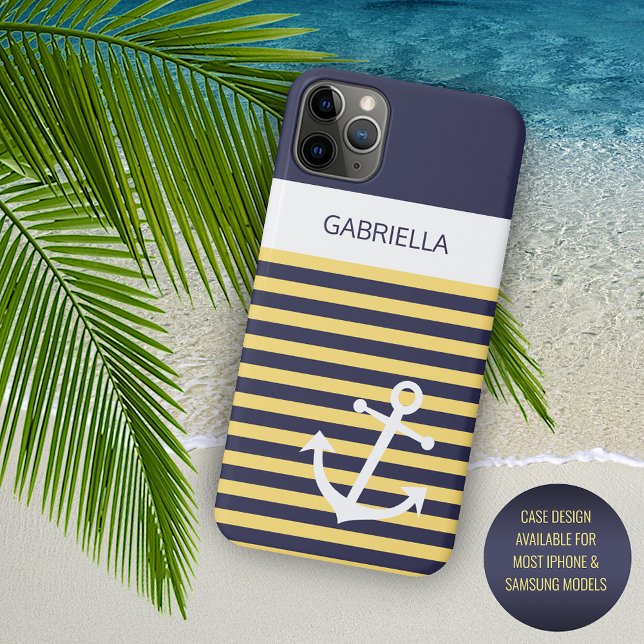 Personalized Navy Dark Blue White Yellow Stripes Case-Mate iPhone Case (Creator Uploaded)