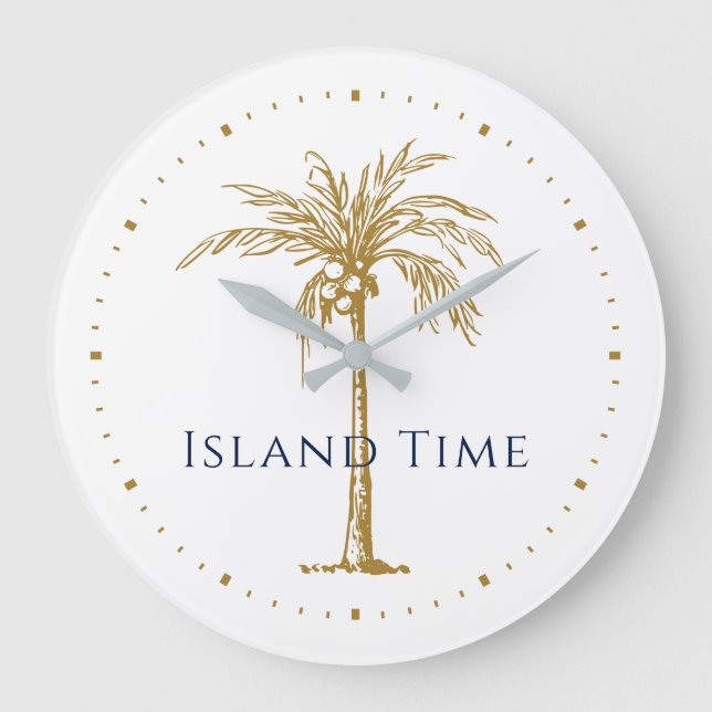 Personalized Navy Gold Artistic Palm Tree Tropical Large Clock (Front)
