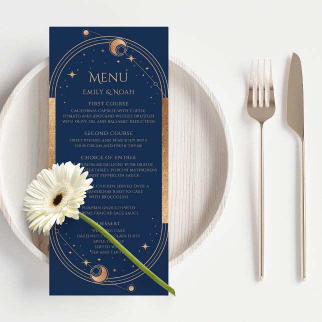 Personalized Navy Gold Celestial Wedding Menu (Creator Uploaded)
