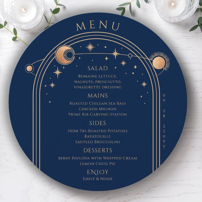 Personalized Navy Gold Celestial Wedding Menu (Creator Uploaded)