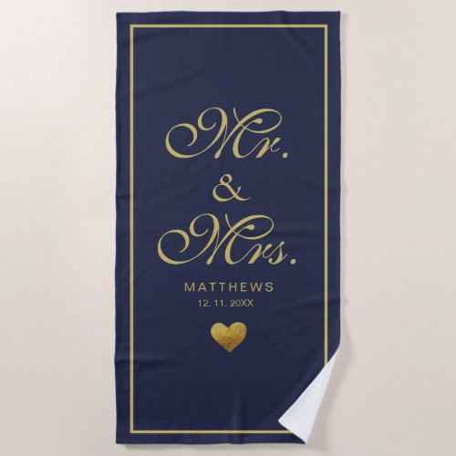 Personalized navy gold love Heart mr and mrs Beach Towel