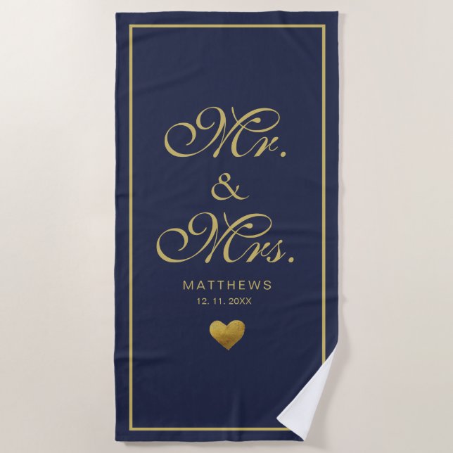 Personalized navy gold love Heart mr and mrs Beach Towel (Front)