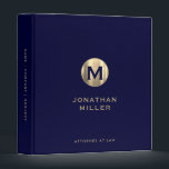 Personalized Navy Gold Monogram Attorney at Law 3 Ring Binder<br><div class="desc">Keep all your legal documents organized with this stylish and personalized navy blue and gold monogram binder. The brushed gold monogram initial with your name below in classic block typography and Attorney at Law in modern sans serif font on the front cover adds a touch of sophistication to your professional...</div>