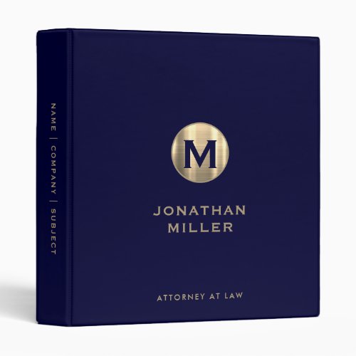 Personalized Navy Gold Monogram Attorney at Law 3 Ring Binder