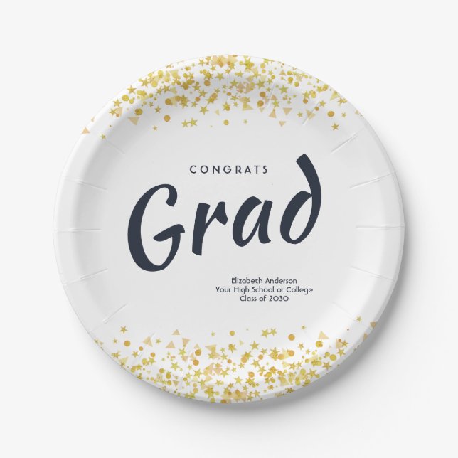Personalized Navy / Gold School Graduation Party Paper Plates (Front)