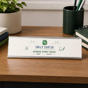 Personalized Navy Green Science School Cover Desk Name Plate