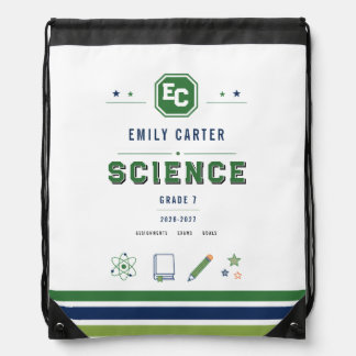 Personalized Navy Green Science School Cover Drawstring Bag
