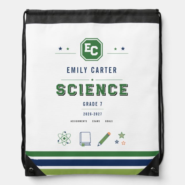 Personalized Navy Green Science School Cover Drawstring Bag (Front)