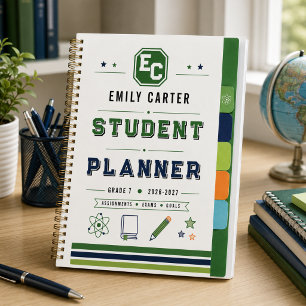 Personalized Navy Green Science School Cover Planner
