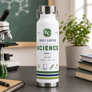 Personalized Navy Green Science School Cover Water Bottle