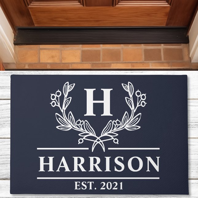 Personalized Navy Laurel Monogram Doormat (Creator Uploaded)