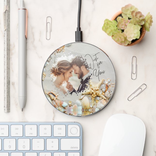 personalized navy photo and text wireless charger  (Desk)