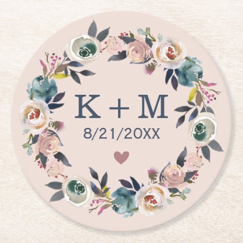 Personalized Navy Pink Wedding Engagement Monogram Round Paper Coaster