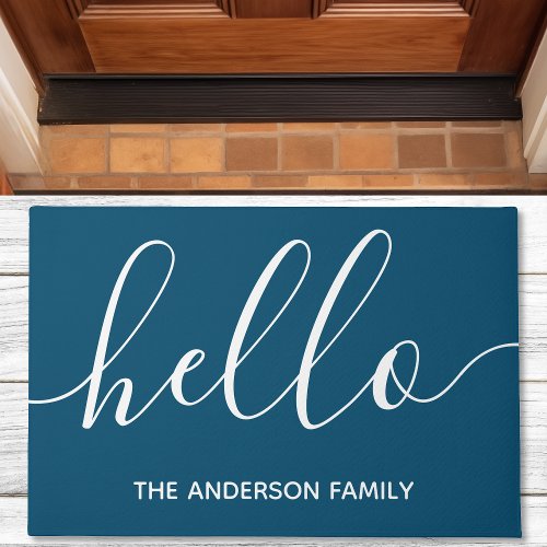 Personalized Navy Script Hello Doormat