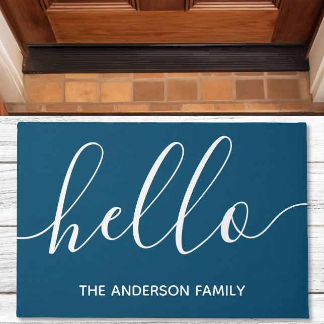 Personalized Navy Script Hello Doormat (Creator Uploaded)