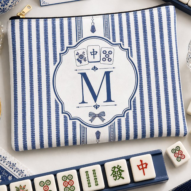 Personalized Navy Seersucker Mahjong Tile Bag (Creator Uploaded)