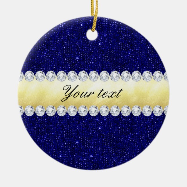 Personalized Navy Sequins, Gold, Diamonds Ceramic Ornament (Front)