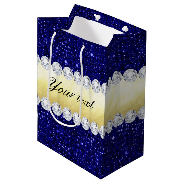 Personalized Navy Sequins, Gold, Diamonds Medium Gift Bag (Front Angled)